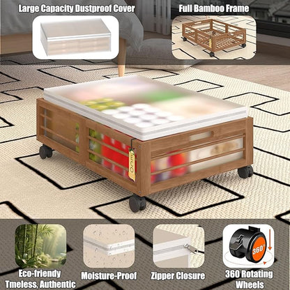 Bamboo Underbed Storage Containers with Wheels & Bag 2 Pack, Large Under Bed Rolling Storage Bins Wood Under Bed Clothes Storage Stackable Drawers for Bedroom Closet Under Crib Toy(Walnut)