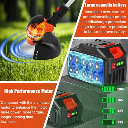 Electric Weed Wacker Eater Cordless Battery Powered, Weed Trimmer 4.0Ah Lightweight No-String with 2 Battery Operated & Wheels, 3 in 1 Stringless Grass Trimmer/Edger/Brush Cutter for Garden Yard Lawn