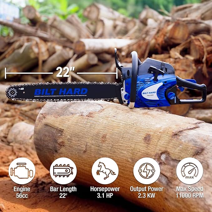 BILT HARD Gas Chainsaw 22 inch 56cc 3.1 HP Chain Saws with Automatic Oiler for Trees, Gas Powered 2-Cycle Wood Cutting Machine Petrol Handheld Gasline Chainsaws for Outdoor Garden Farm Home