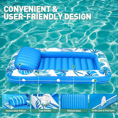 Pool Floats Inflatable Tanning Pool Lounger Float, 71" x 48" Large Pool Floats Adult with Pillow & Drink Holder,Sunbathing Water Lounge Floaties Tub Raft for Lake, Backyard, Beach Pool Party