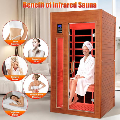 1-2 Person Infrared Sauna, Dry Heat Sauna with Red Light Therapy, Bluetooth, Radio, 7-Color Therapy Light for Home, Indoor, Gym, Wellness Center, 36″ x 36″ x 73″