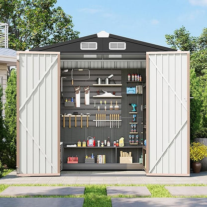 6x4 FT Outdoor Storage Shed, Metal Garden Tool Shed with Sloping Roof & Lockable Door for Patio Lawn Backyard (Brown)