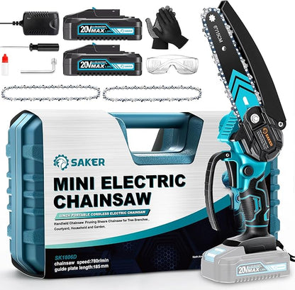 Saker Mini Chainsaw,6 Inch Portable Electric Chainsaw Cordless, Small Handheld Chain saw for Tree Branches,Courtyard, Household and Garden,Christmas Gifts for Men Dad Husband Women
