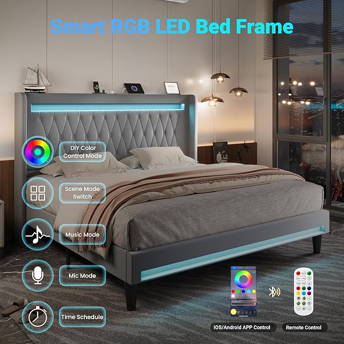 Allewie Upholstered King Size Platform Bed Frame with LED Light and Charging Station, Button Tufted High Headboard, Wingback Design, Noise Free, Easy Assembly, No Box Spring Needed, Grey