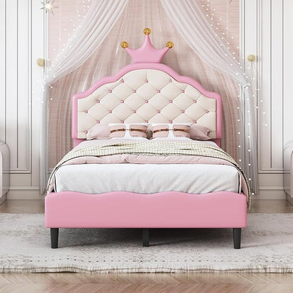Bellemave Twin Size Princess Bed Frame with Lovely Crown Shaped Headboard for Girls,Upholstered Platform Bed with Slats Support,Twin Girls Bed,Pink Cream