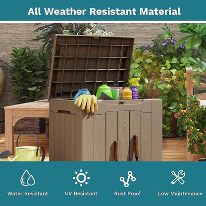 Patiolife 30 Gallon Resin Deck Box, Small Outdoor Storage for Garden Tools, Pool Supplies, Waterproof and Lockable, Brown