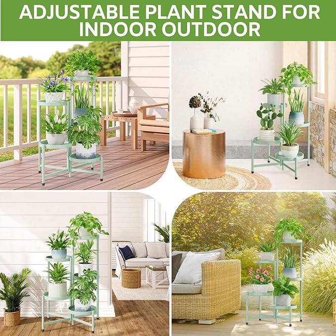 iDavosic.ly 5 Tier Large Plant Stand Indoor, 10 Inch Wide Corner Tall Metal Plant Stands Outdoor for Multiple Plants, Folding Tiered Flower Display Holder Rack Shelf, Light Green