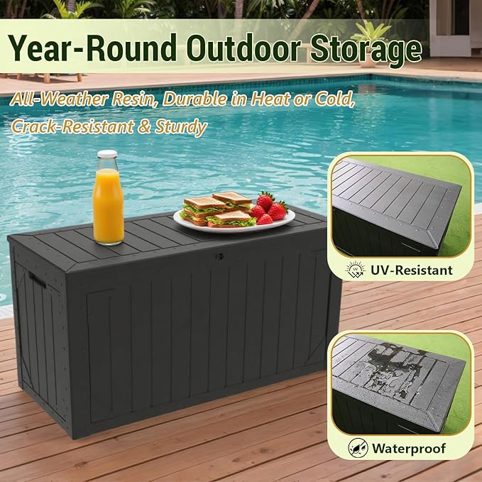 100 Gallon Resin Deck Box, Waterproof Outdoor Storage Bin for Patio Furniture, Pool Accessories, and Garden Tools, Lockable & UV-Resistant, Black