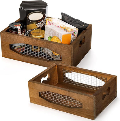 Okllen Set of 2 Wooden Nesting Countertop Baskets, Decorative Wood Storage Box Farmhouse Rustic Crate with Cutout Handles for Bread, Fruit, Vegetables, Kitchen, Bathroom, Pantry Supplies, Brown