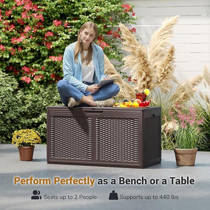 RELAX4LIFE 100-Gallon Resin Deck Box - Waterproof Outdoor Storage Box Container w/Lockable Lid & Wheels, Faux Rattan Porch Bench for Patio Furniture Cushions, Pool Accessories, Garden Tools (Brown)