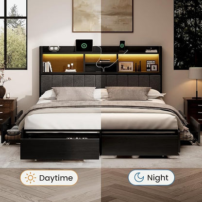 King Bed Frame with 6 Storage Drawers, Linen Upholstered Headboard, Built-in