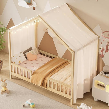 Bellemave Twin House BedFrame with Canopy, Montessori Floor Bed, House Bed with Rails for Kids, Natural