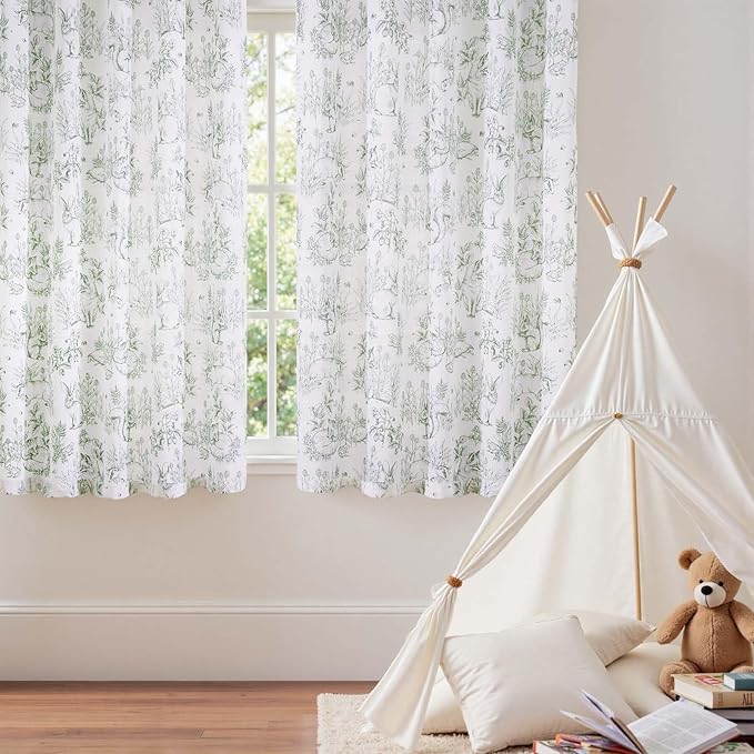 jinchan Linen Nursery Curtains 63 inch Long Woodland Wildlife Sage Green Print Drapes for Kid's Room Light Filtering French Country Farmhouse Curtains with Bunny and Forest Design Set of 2 Panels