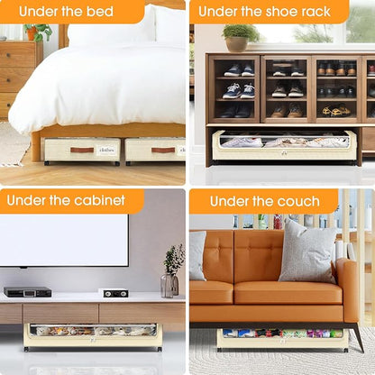 Under Bed Storage with Wheels 2Pack Underbed Storage with Clear Window&Label Under Bed Drawers Large Capacity Rolling Under Bed Storage for Clothes,Shoes, Blankets (Beige)