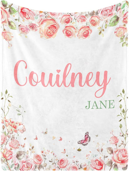 Ship Next Day, Personalized Baby Blanket for Girls- Printed in USA, Custom Baby Blankets with Name Floral Rose Blanket for Infant Newborn Shower(Rose)