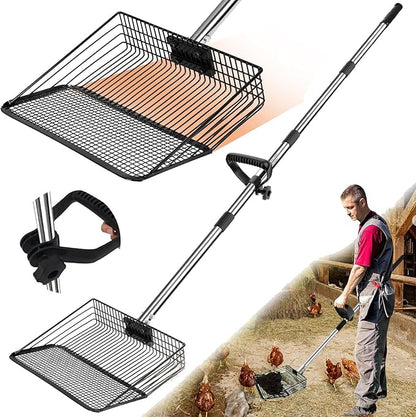 12" Metal Chicken Poop Scooper Rake for Sand with 24 to 68" Handle, Adjustable Chicken Poop Scooper for Poop, Wide 10”Poop Shovel Cleaning Tools, Heavy Duty Sifting Shovel (Black)
