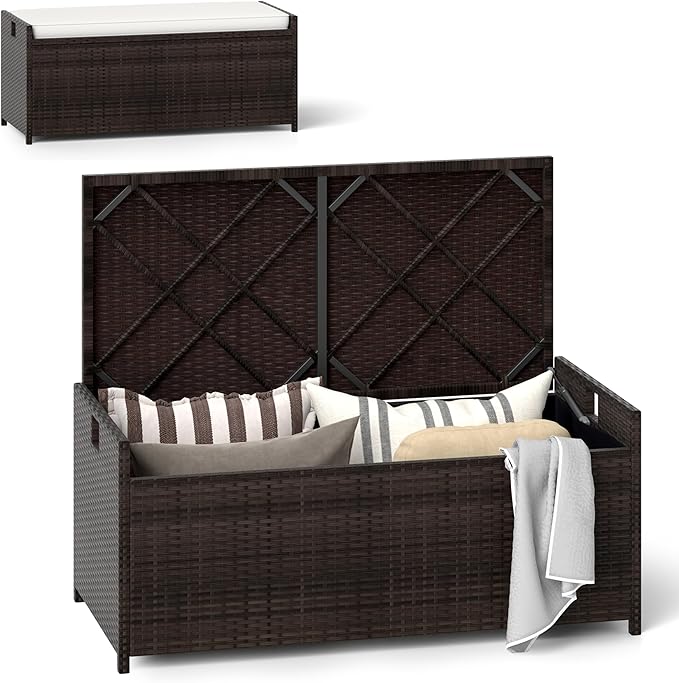 RELAX4LIFE 34-Gallon Outdoor Storage Box - Wicker Rattan Deck Box w/Seat Cushion, Waterproof Liner & Side Handles for Pillows, Patio Cushions, Pool Supplies, Garden Tools, Porch Outdoor Storage Bench