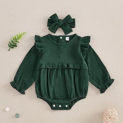 Newborn Infant Baby Girl Clothes Cotton Linen Long Sleeve Smocked Bubble Romper Ruffle Bodysuit Jumpsuit Fall Outfit