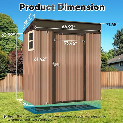 Quictent 5X3 FT Heavy Duty Outdoor Metal Storage Shed,Lockable Garden Shed with Rotating Roof, Waterproof Shed for Bike Storage, Tool Storage, Temporary Storage,Brown(5.5X2.8 FT Base, No Floor)