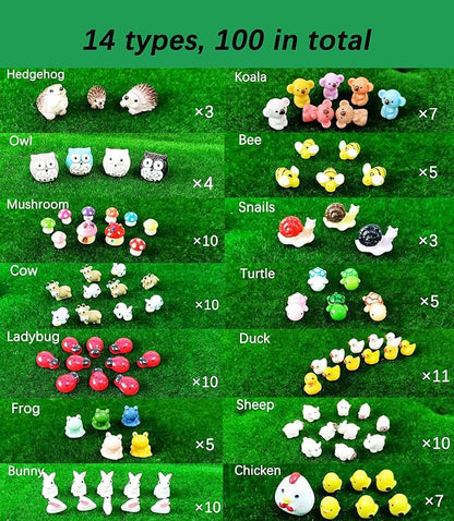 100 Pcs Mini Resin Animals Figures, Mixed Tiny Plastic Animals Figurines to Hide Miniature Fairy Garden Accessories