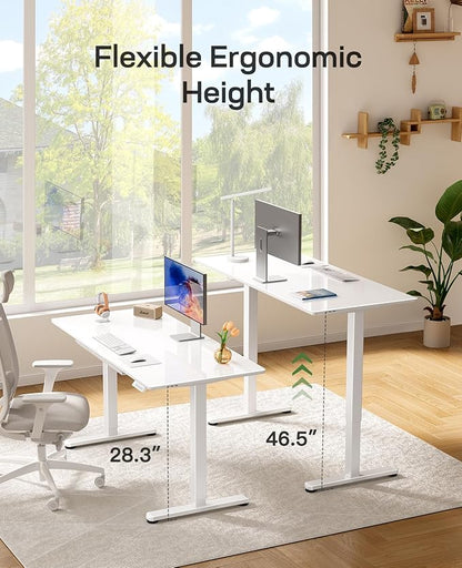 Marsail Glass Standing Desk with Drawer, 55 x 28 Inches Adjustable Desk, Home Office Desks with One-Piece Tempered Glass Top, Ergonomic Home Office Sit Stand Desk with 4 Preset Heights, White