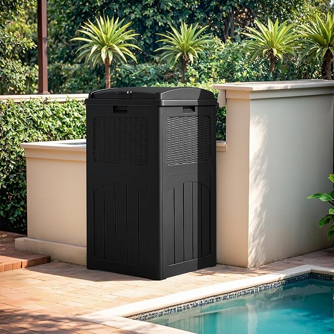 Devoko 33 Gallon Outdoor Trash Can with Dual Lid, Heavy Duty Waterproof Resin Garbage Bins Outside, Hideaway Waste Bins for Patio, Outside Pool, Backyard and Deck (1, Black)