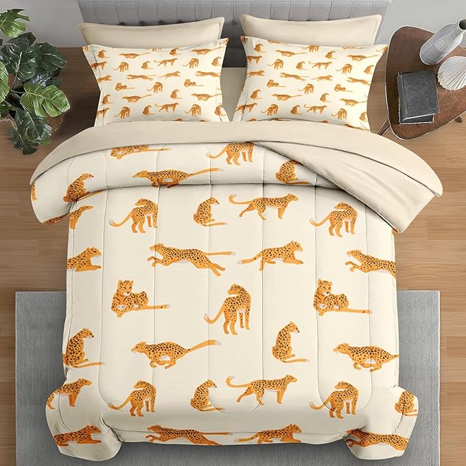 Comforter Set Twin Size, Leopard 5 Pcs Bedding for Kids and Adults, Cheetah Bedding Sets with Fitted Sheet Pillowcase & Sham for Bedroom Bed Decor