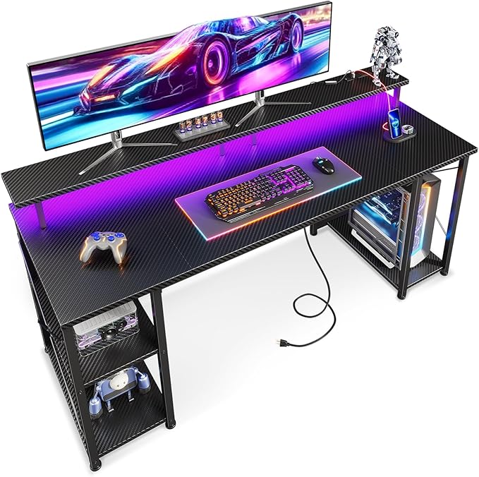 ODK 63 Inches Gaming Desk with LED Lights, Computer Desk with Monitor Stand, Pc Table with CPU Stand, Carbon Fiber Black