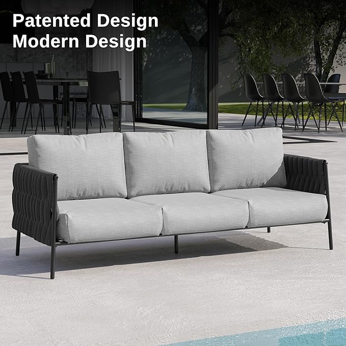 EAST OAK Life Chatter Outdoor Sofa, Outdoor Furniture 3 Seats with Waterproof Thick Cushions, Modern Patio Sofa Deep Seating for Outdoor Garden Porch Blackyard, Earth Black & Misty Grey