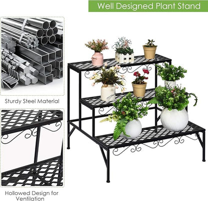 Giantex 3 Tiers Black Metal Plant Stand, Metal Plant Shelf Stands w/ 6-9 Flower Potted Capacity Holders, Multiple Flower Pot Display Rack for Plants Patio Garden Corner Indoor (Rectangular)