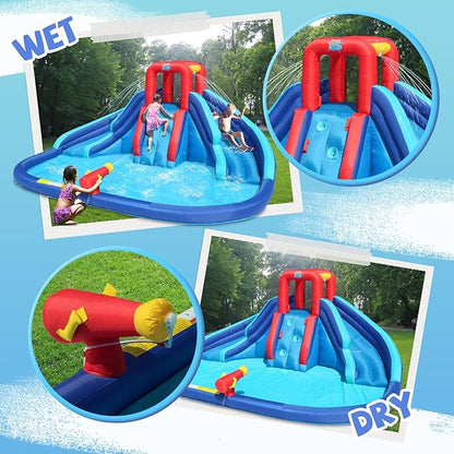 Action Air Water Slide, Inflatable Waterslide with Large Pool, Blue Bounce House with Double Slide and Climbing Wall