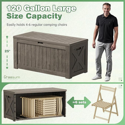 Greesum 120 Gallon Outdoor Storage Box with Lock - Large Resin Deck Box, Reinforced Lid for Garden, Patio, Lawn, Coffee