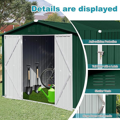 Storage Shed 8ft×6ft Classic Apex Roof Tool Shed Outdoor Storage Metal Garden Storage Sheds Tool Cabinet with Hinged Door Syste for Backyard, Patio, Poolside, Green