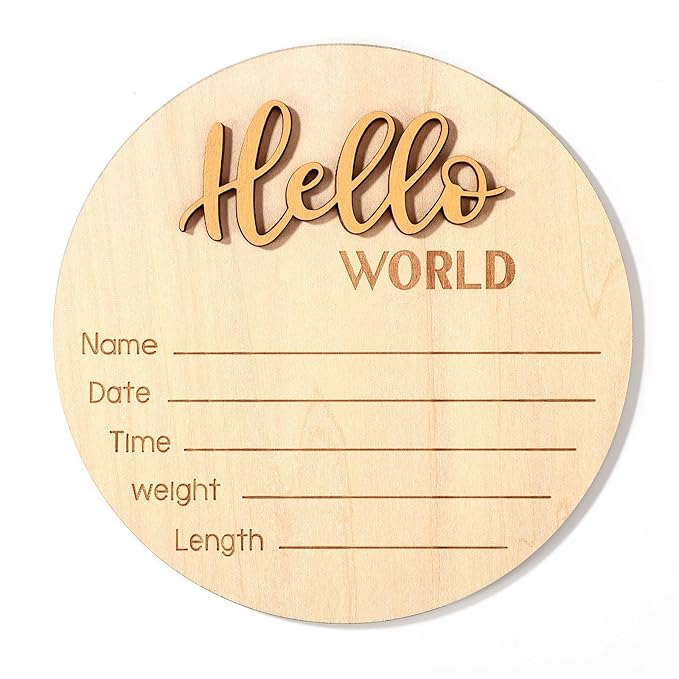 Newborn Announcement Sign, 5.9in Wooden Hello World Baby Welcome Sign Birth Plaques for Newborn Girls Boys Photo Props Baby Shower Hospital Nursery (Gold)