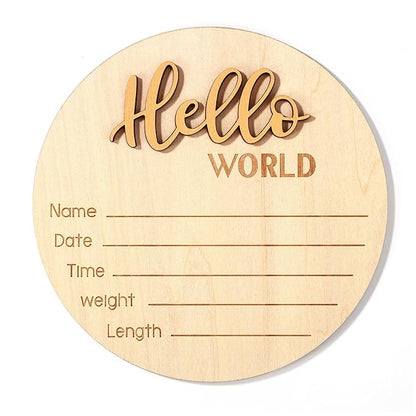 Newborn Announcement Sign, 5.9in Wooden Hello World Baby Welcome Sign Birth Plaques for Newborn Girls Boys Photo Props Baby Shower Hospital Nursery (Gold)
