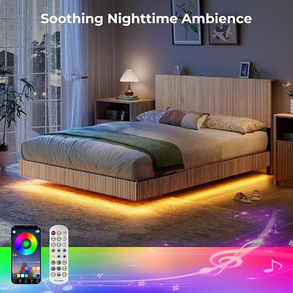 Evermagin Natural Queen Floating Bed Frame with Headboard, Boho Fluted Platform Bed with LED Lights, Heavy Duty Floating Bedframe with Charging Station, No Box Spring Needed