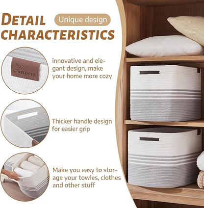 Storage Baskets, 42L*2 Pack Storage Baskets for Organizing, Laundry Basket for Closet, Cotton Rope Blanket Basket for Storage, Toy Storage Basket for Living Room, Laundry Room, Bedroom-Grey