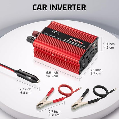 300W Power Inverter DC 12V to 110V AC, Durable Aluminum Housing Car Charger Adapter with 1A USB Charging Port, 1.6ft Car Plug in Cigarette Lighter Outlet for Phone, Laptop