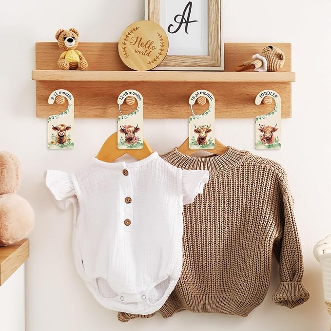 Whaline 8Pcs Baby Closet Size Dividers Watercolor Highland Cow Hanging Wood Baby Closet Organizer Newborn to 24 Months Thicken Baby Wardrobe Organizer