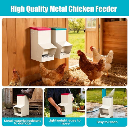 10L Chicken Grit and Oyster Shell Feeder Combo,Metal Automatic Chicken Feeder with Lid Chicken Coop Accessories Supplies Hanging Gravity Poultry Feeders Trough for Strong Eggs Poultry