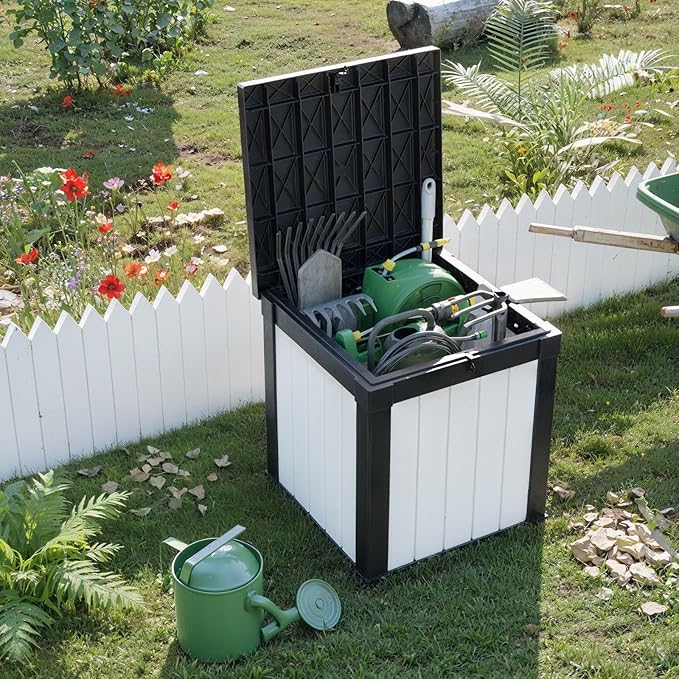 ROJIK Outdoor Storage Housing Deck Box - Waterproof Patio Furniture, Garden Tools, Cushions, Pool Accessories Storage Bench with Lockable Lid and Side Handles (Black & Whiter, 50 Gal)