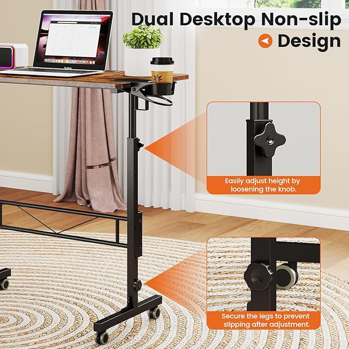 Hadulcet Small Standing Desk Adjustable Height, Rolling Desk for Standing or Sitting, Portable Computer Desk for Walking Pad, Rustic Brown