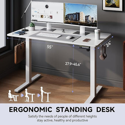 Electric Standing Desk Adjustable Height 55"x24" Stand Up Desk with Lockable Wheels Ergonomic Sit Stand Desk for for Work Office Home Computer Workstation (White)