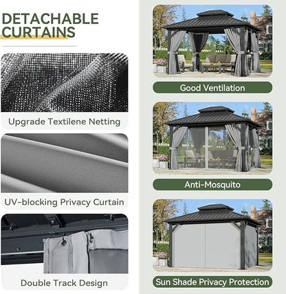 Aoxun 12'x10' Hardtop Gazebo with Light, Aluminum Frame Permanent Pavilion with Curtains and Netting, Outdoor Galvanized Double Roof Canopy, Designed for Garden, Lawns, Patio (Black/Grey)