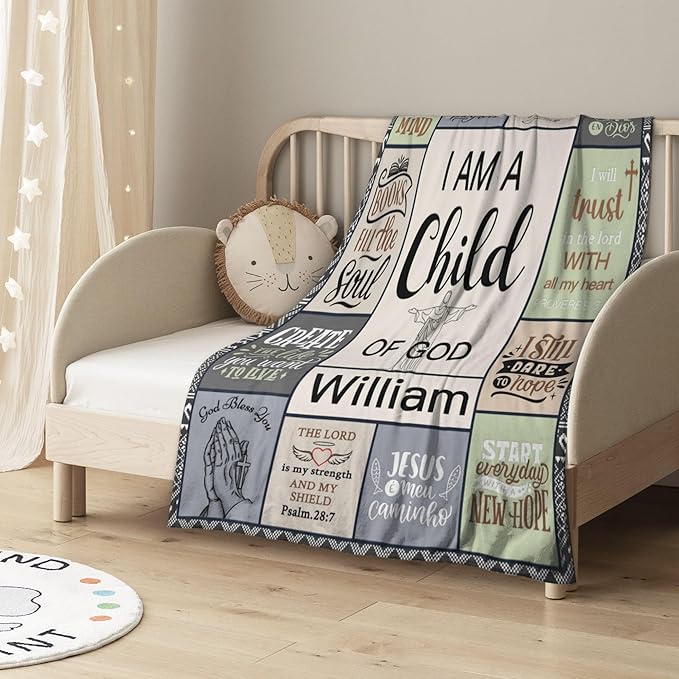 Personalized Baby Blanket with Name Christian Gift - Plush Baptism Blanket with Scripture Quote Swaddle Bible Verse for Newborn Boys Birthday Christmas Christening Godchild