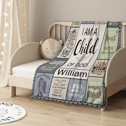 Personalized Baby Blanket with Name Christian Gift - Plush Baptism Blanket with Scripture Quote Swaddle Bible Verse for Newborn Boys Birthday Christmas Christening Godchild