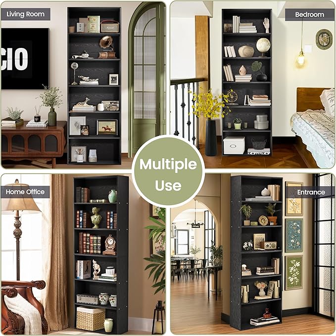 71" Tall Bookcase, 6-Tier Open Display Storage Shelves, Floor Standing Large Book Shelf for Living Room, Home Office, Bed Room, Black