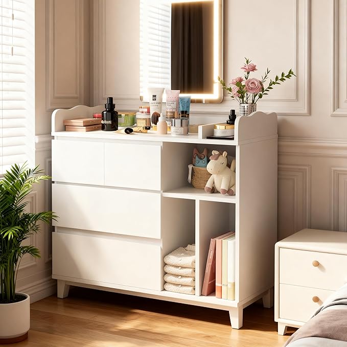 Baby Changing Table Top, Multi-Functional Nursery Changing Table, 4 Drawers with 2 Open Shelves, Bedroom, White