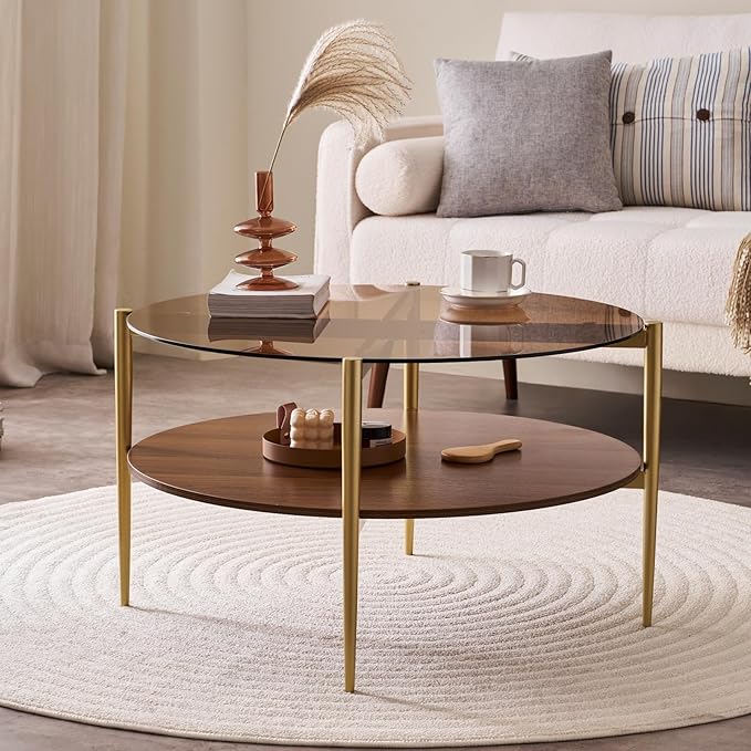 Round Coffee Table, Mid-Century Modern Design, D30 x H17, for Living Room, 2-Tier Structure, Amber Glass Top and Walnut MDF Shelf, Sleek Conical Metal Legs with Gold Finish