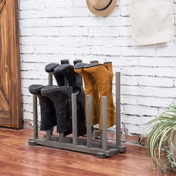 MyGift Vintage Weathered Gray Solid Wood Floor Standing Boot Holder Rack, Wooden Entryway Shoe Storage Organizer Stand Holds 6 Pairs of Tall and Short Boots
